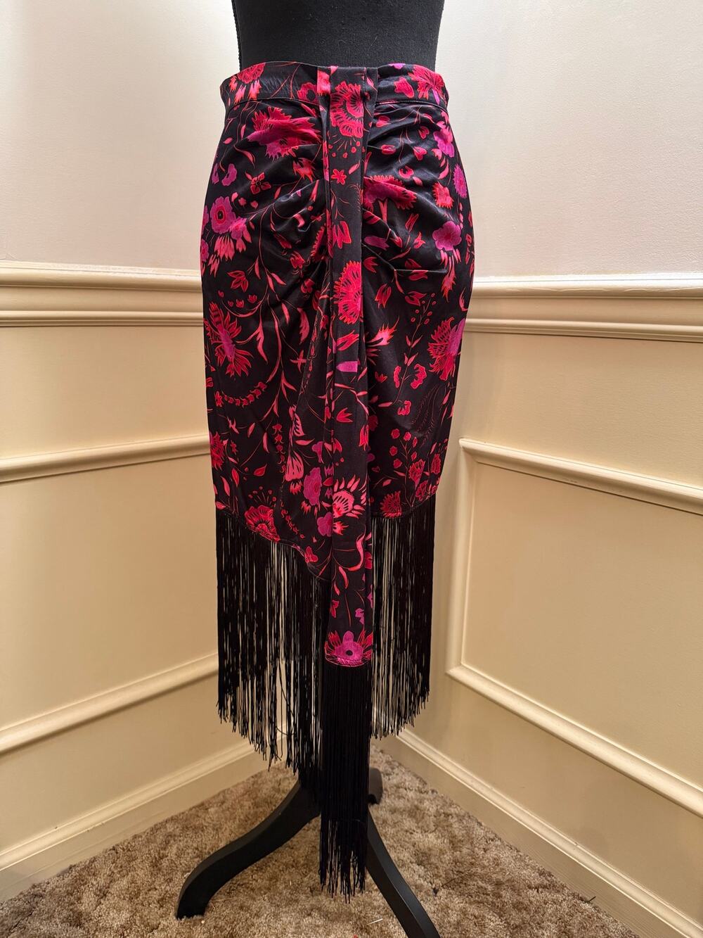 Sabina Musayev Designer Pink Floral Midi Skirt with Fringe Hem Asymmetrical